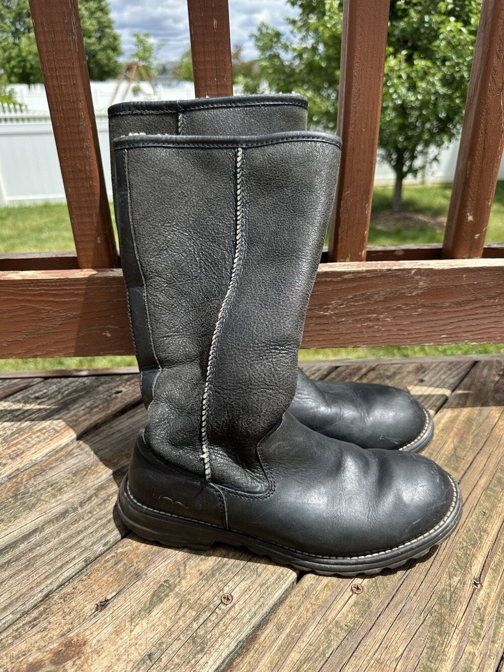 UGG Womens Brooks Boots Size 9 Tall Black Leather Sherpa Shearling Pull On Lug